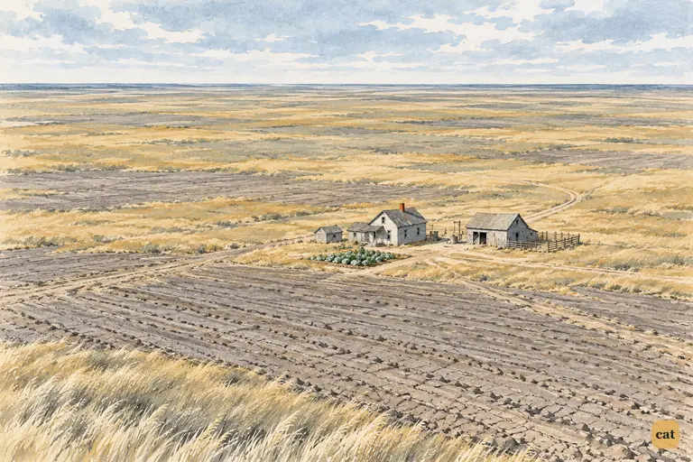 A small gray farmhouse and its sheds stand alone on the cracked, sun-burned Kansas plain