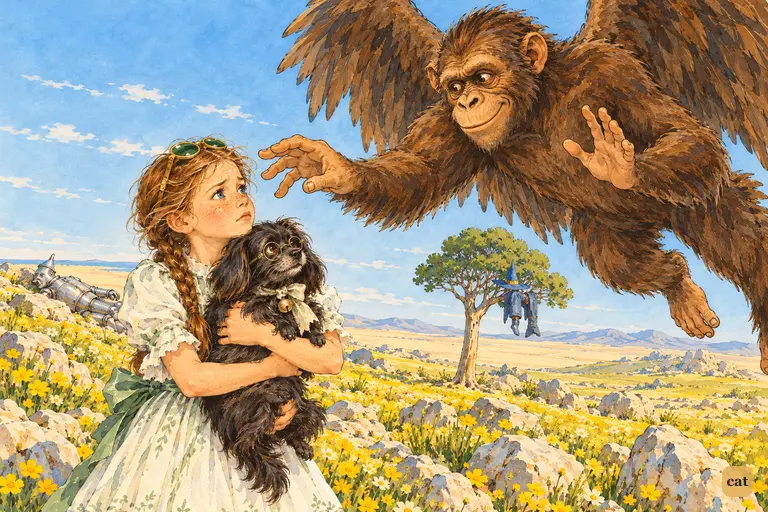 The Winged Monkey leader halts his long reaching arms a hand's breadth from Dorothy's glowing kiss-mark, held back by the Power of Good.