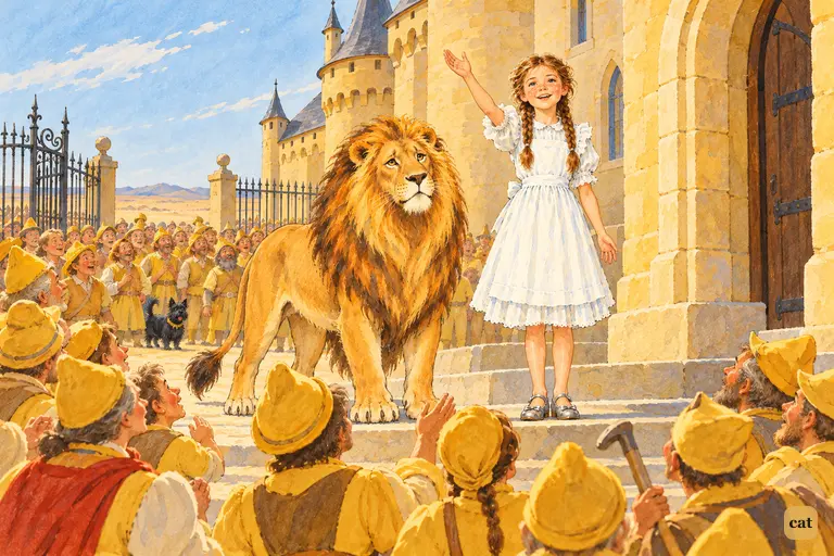 In the yard of the yellow castle, Dorothy stands on the doorstep with her hand raised and tells the gathered Winkies they are free, while the Lion stands proudly at her side.