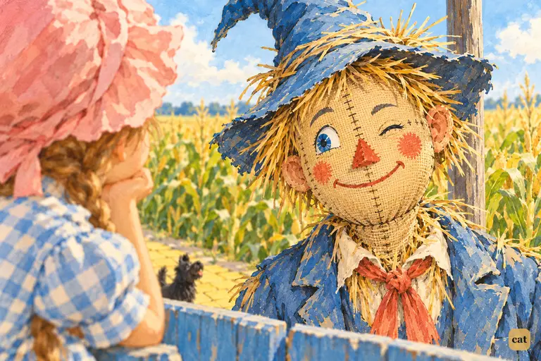 Dorothy, chin on hand, watches the painted Scarecrow slowly close one eye in a wink, and the straw man comes to life.