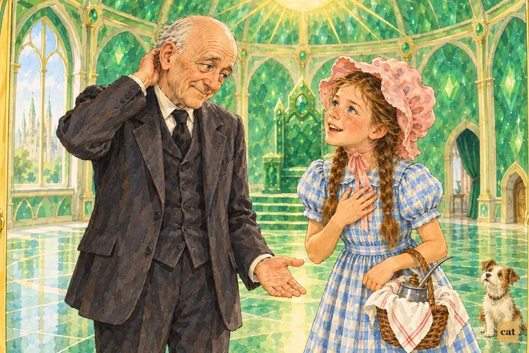 In the emerald Throne Room, Dorothy is startled to learn the Wizard means to sail away with her, and he answers with a tired, sheepish smile.