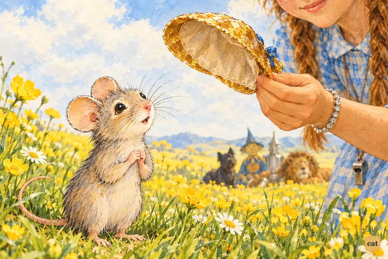 A tiny field mouse queen sits upright in the buttercups and gazes up in sudden recognition at the Golden Cap glinting in a girl's outstretched hand.
