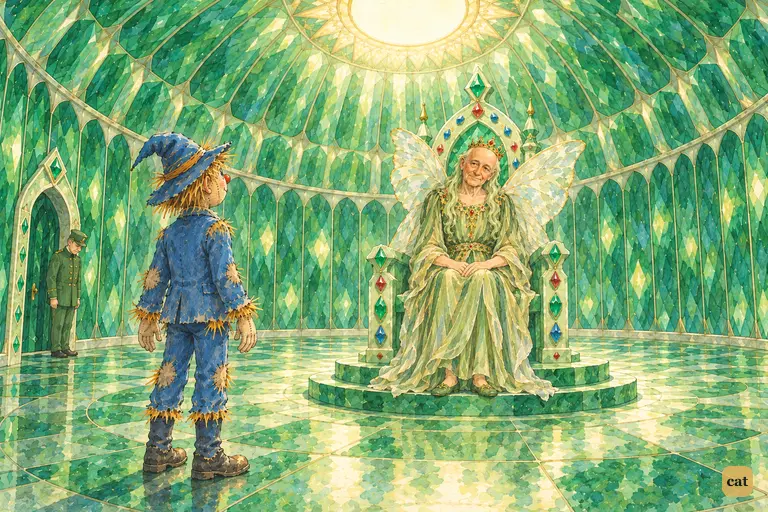 The Scarecrow gazes up at a winged Lady in green gauze and a jeweled crown on the throne