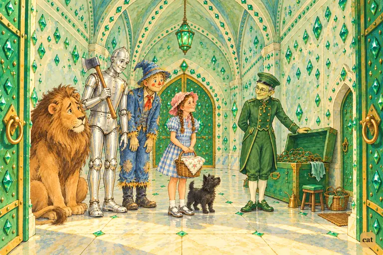 The travelers step into the glittering emerald gate room and meet the small green Guardian of the Gates, who stands beside his big green box.