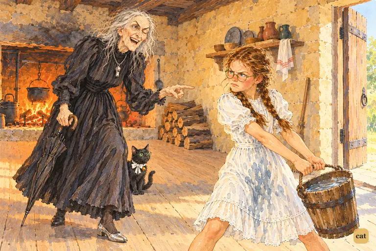 In the castle kitchen, the furious girl hauls the full wooden bucket back behind her hip while the cackling one-eyed Witch, wearing the stolen silver shoe, does not see the splash coming.