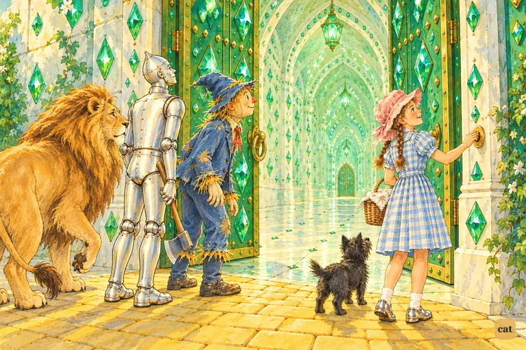 The four travelers pause on the yellow brick road as the emerald-studded gate swings slowly open, revealing a high arched room glittering with countless emeralds.