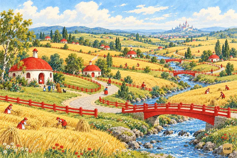 Red-clad Quadlings farm the red country, with Glinda's castle faint on the horizon