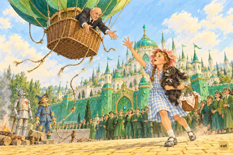 The ropes snap and the green balloon surges skyward with Oz reaching down, just out of Dorothy's grasp as she stands a few steps away with Toto in her arms.