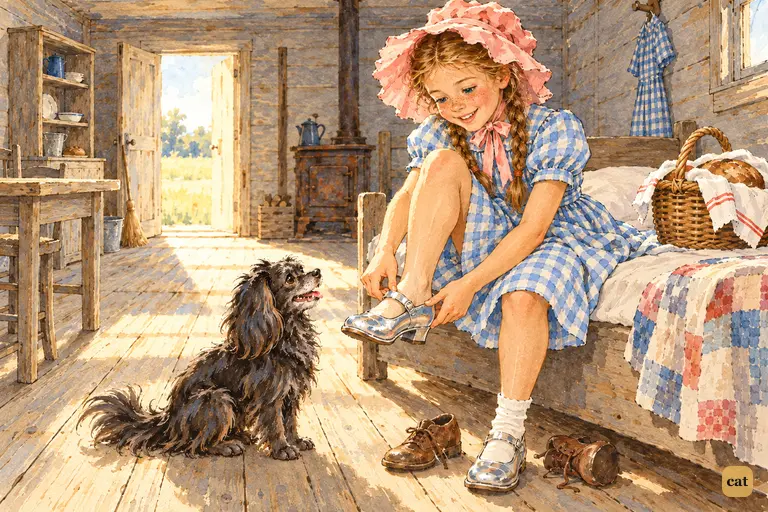 Seated on the edge of her little bed in the morning sunshine, Dorothy pulls the Witch's silver shoe onto her raised foot while Toto watches from the floor.
