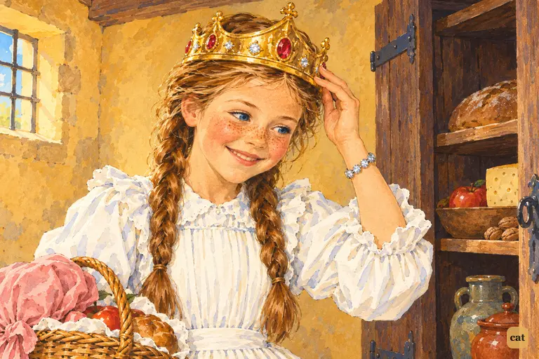Dorothy presses the Golden Cap onto her head in the Witch's cupboard room and beams, delighted that it fits.