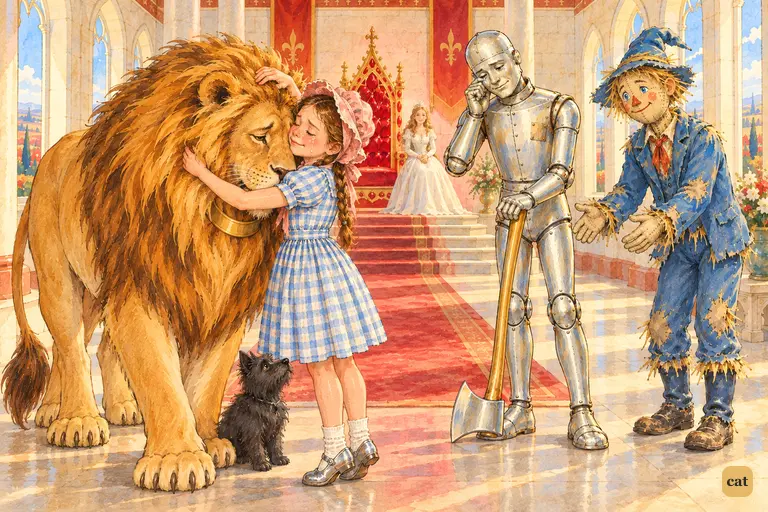 In the ruby-trimmed throne hall, Dorothy throws her arms around the Cowardly Lion's neck and kisses his head, while the weeping Tin Woodman and the outstretched Scarecrow wait their turn to say goodbye.