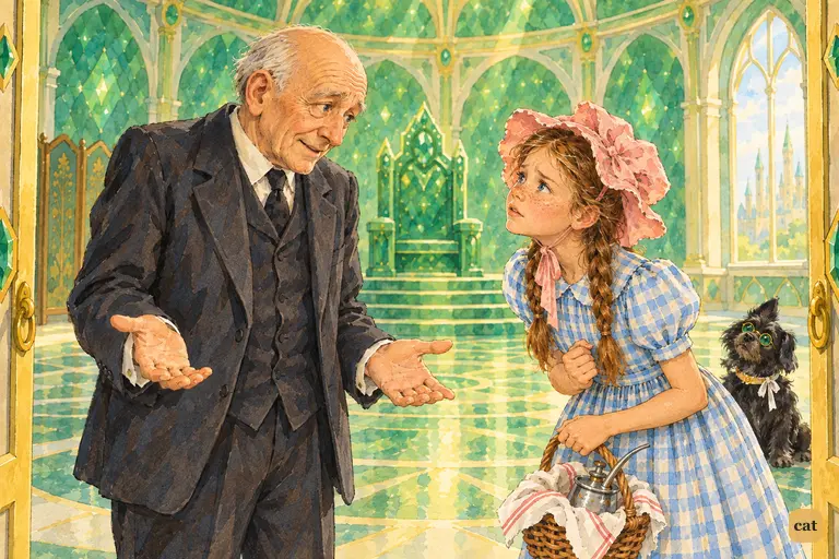 In the Emerald City Throne Room, Dorothy leans in eagerly while Oz offers an apologetic shrug, admitting he has no notion which way Kansas lies.