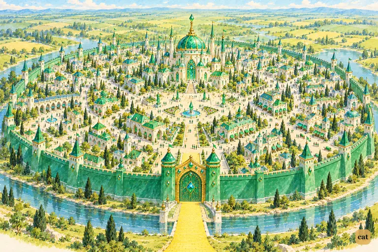 A calm bird's-eye view of the walled Emerald City before the balloon departs