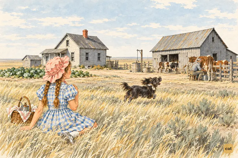 Dorothy sits in the pale Kansas grass, newly arrived, looking at the new farmhouse and the barnyard.