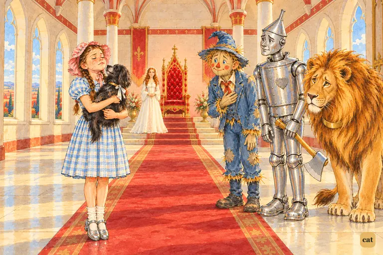 In Glinda's ruby-trimmed throne hall, Dorothy stands with Toto in her arms and her eyes shut, heels hovering a hair apart, as her three friends watch her farewell.