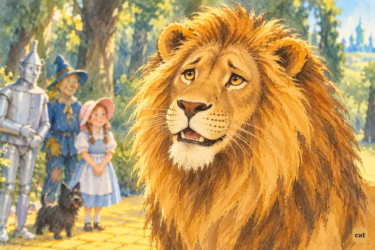 In a close-up, the Cowardly Lion lifts his chin and asks to join the travellers.