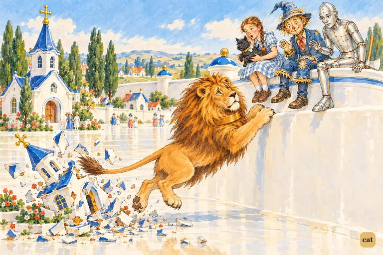Mid-leap, the Lion's tail sweeps a little china church and bursts it into flying shards, while his friends watch from the top of the low white wall.