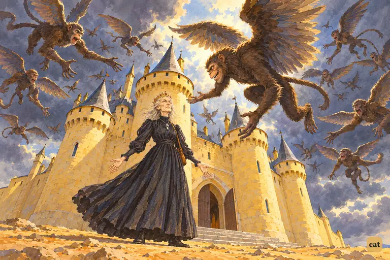 Sunlight reveals the Witch on her doorstep, ringed by winged monkeys and their huge king