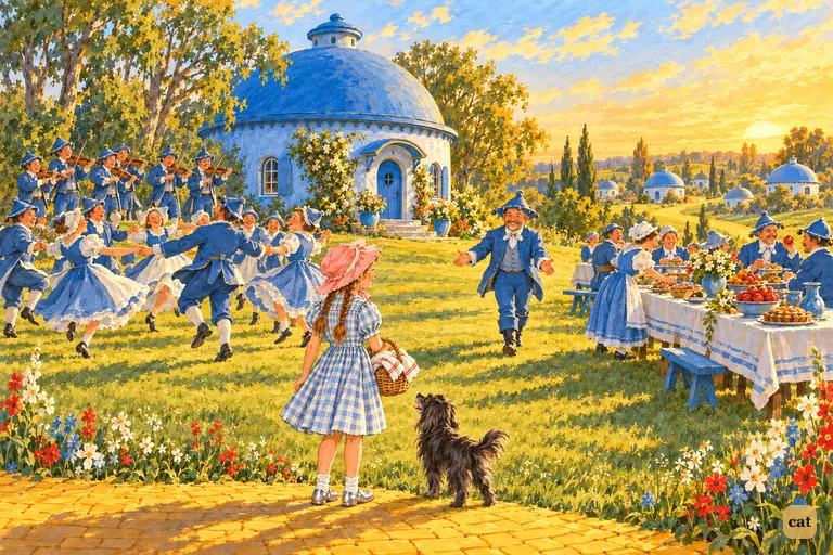 At golden evening Dorothy and Toto reach the edge of a Munchkin celebration, with dancers, fiddlers and a loaded table before Boq's blue-domed house.