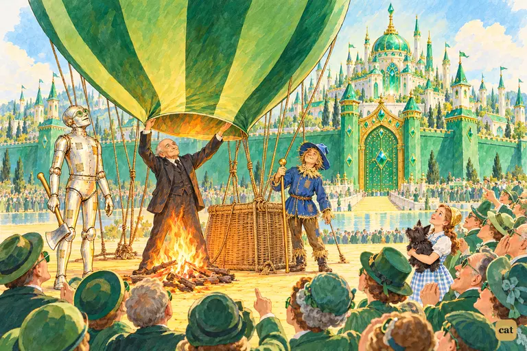 The green-striped balloon swells over the Tin Woodman's fire as the city gazes up
