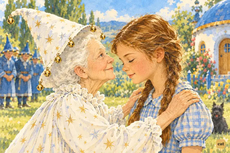 On tiptoe, the Witch of the North leans toward the girl's forehead for a blessing kiss