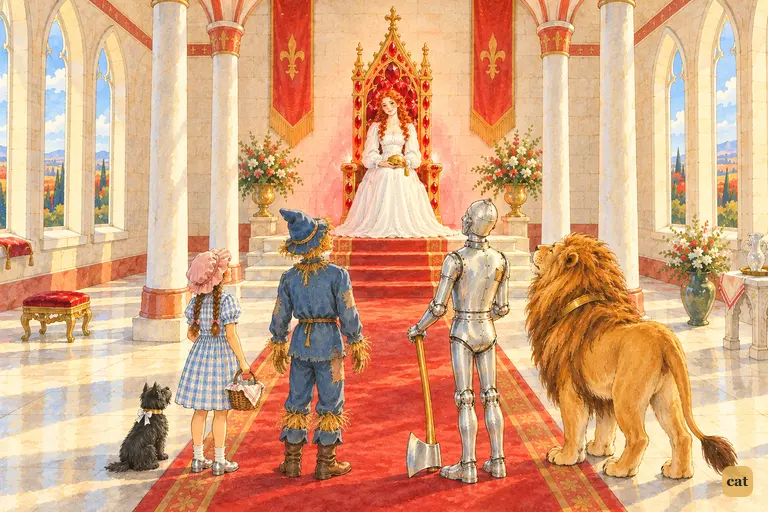 In the pale-stone throne hall, four small travelers and a little black dog stand before the young Good Witch.