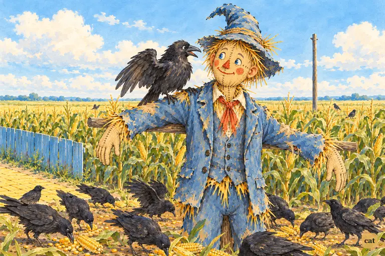 An old crow on the Scarecrow's shoulder tells him brains are the only thing worth having
