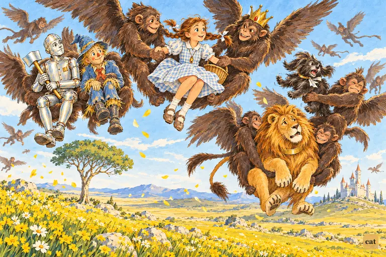 At the King's word the winged Monkeys sweep Dorothy, her friends and a furiously snapping Toto up out of the yellow flowers.