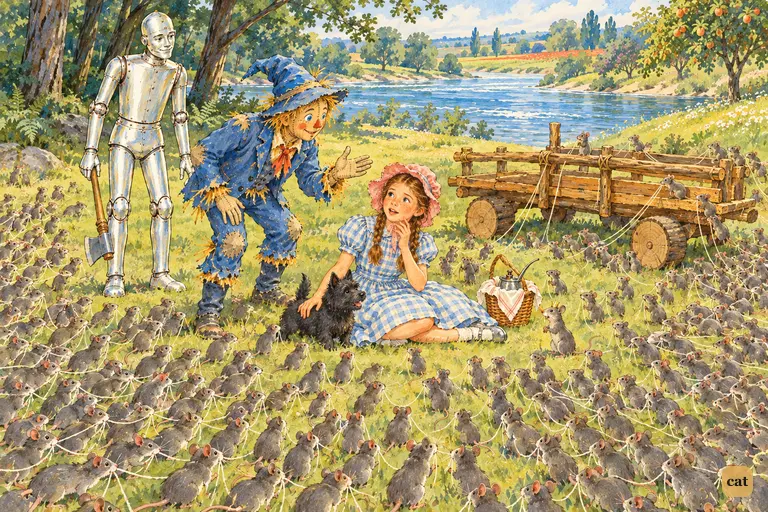 From high above a sunny riverside meadow, streams of field mice with strings in their mouths converge on Dorothy as she wakes and sits up astonished.