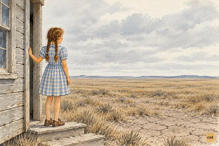 A small girl stands in the farmhouse doorway and looks out over the flat gray prairie