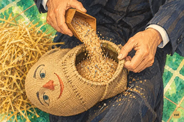 The Wizard pours bran full of pins and needles into the Scarecrow's open head
