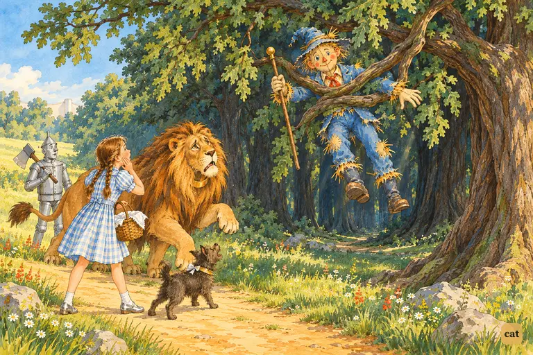 At the edge of the Fighting Trees, the Scarecrow is lifted off the grass by two bending boughs while Dorothy, the Lion, the Tin Woodman and Toto look on in surprise.
