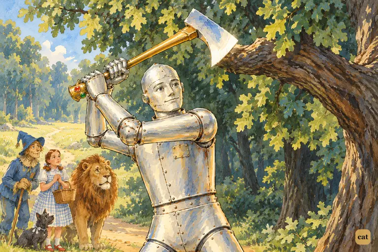 The Tin Woodman chops a seizing branch, opening a way through the Fighting Trees