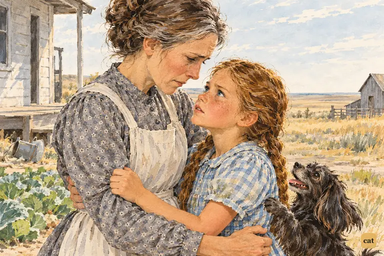 Held close in her aunt's arms, Dorothy looks up and answers gravely, "From the Land of Oz."