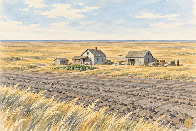 A lone gray Kansas farm on the flat prairie, Aunt Em a tiny speck by the cabbage patch
