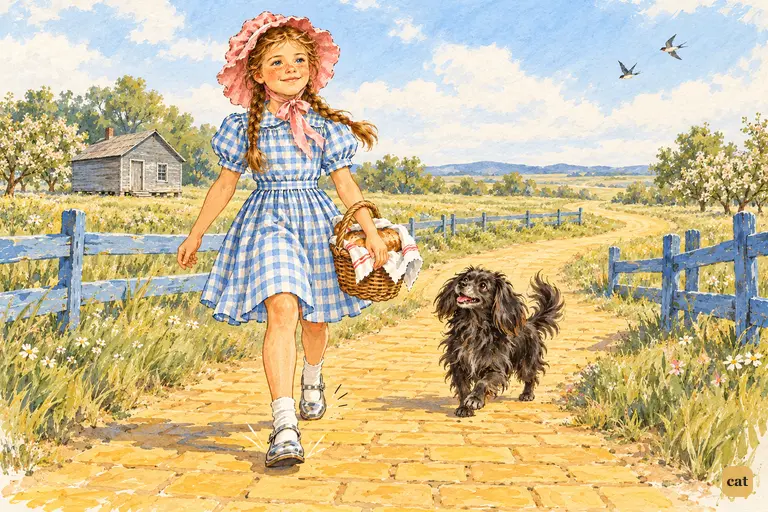 Dorothy strides briskly along the yellow brick road in her silver shoes, with Toto trotting at her heels, toward the distant Emerald City.