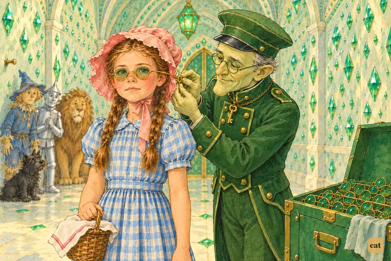 At the emerald gate, the Guardian leans in to turn the little key behind Dorothy's head, locking the green spectacles on.
