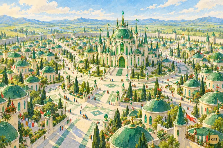 The Emerald City wakes at sunrise as tiny citizens walk toward the marble Palace