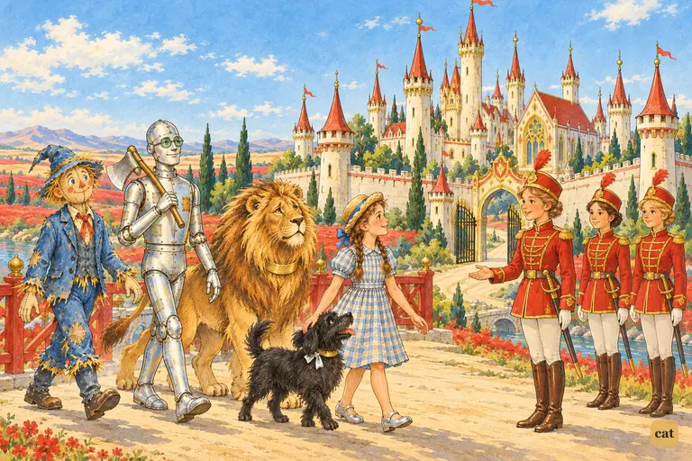 After the long road through the red Quadling country, the weary travelers reach the pale towers of Glinda's castle, where three red-uniformed girl soldiers stand before the gates.