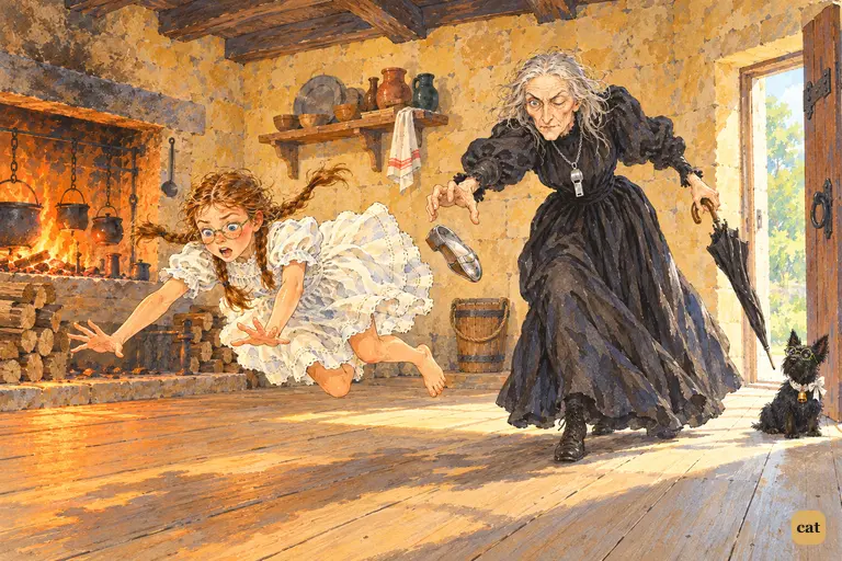 Crossing the castle kitchen, Dorothy trips over the unseen iron bar and sprawls forward as a silver shoe spins from her foot.