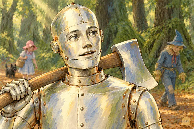 In a dim green forest, the tin man explains why he would choose a heart over brains