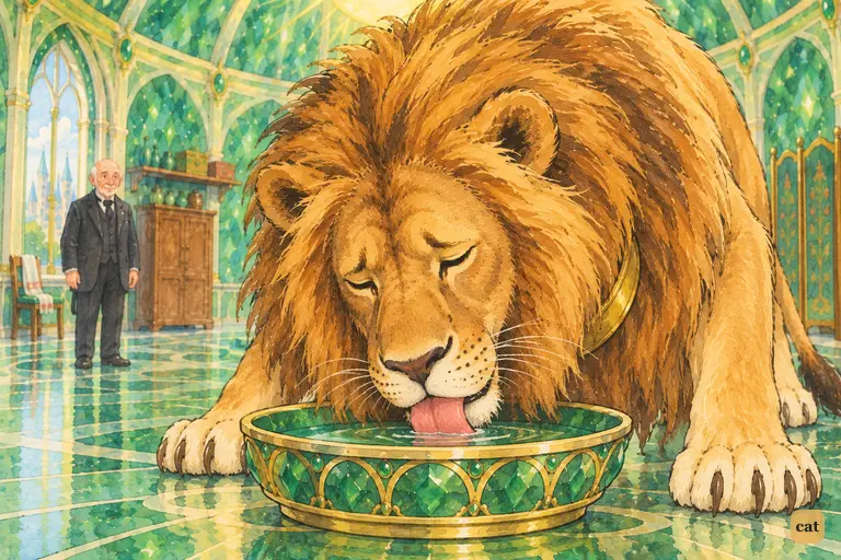 The Lion shuts his eyes and laps the dish dry, trusting the Wizard's promise