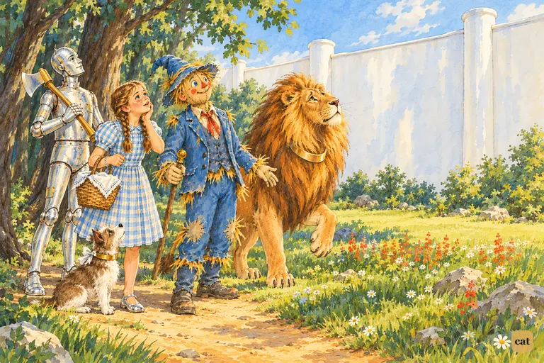 Emerging from the quiet wood, Dorothy and her three companions stop short before a tall, glossy white china wall.