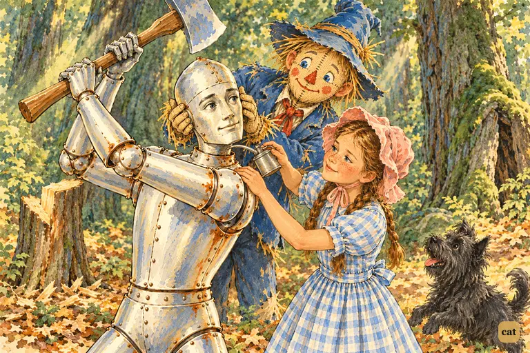In a dim mossy glade, a girl oils the rusted neck of the tin man while a straw-stuffed scarecrow gently turns the shining tin head.