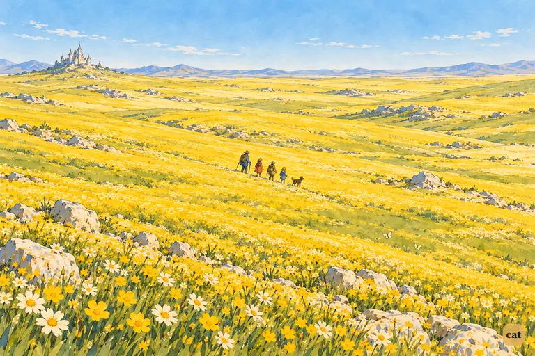 Tiny travelers trudge through the yellow flowers of the West, away from a dark castle