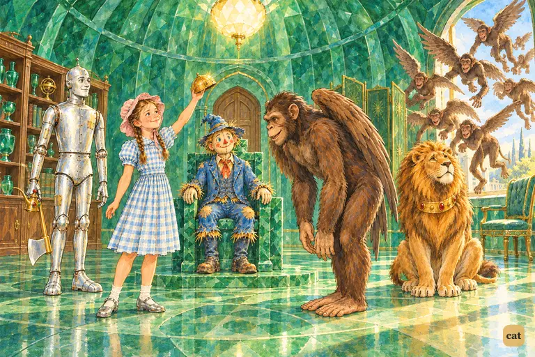 The Winged Monkeys sweep through the open window into the sunlit emerald Throne Room, and their King bows to Dorothy, who holds the Golden Cap raised.