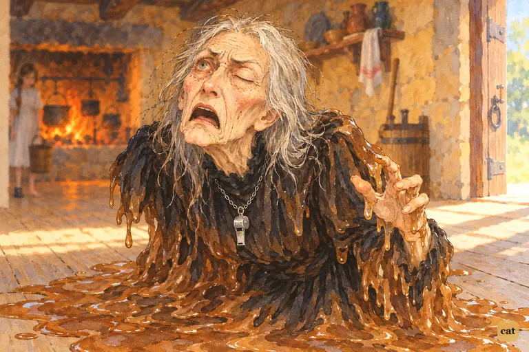 The Wicked Witch of the West wails as water melts her into a brown puddle