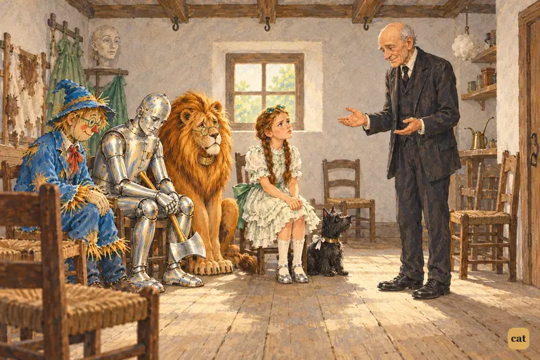In the small back chamber, Oz spreads his hands in apology before the stern little girl and her downcast friends, confessing he is a good man but a bad Wizard.