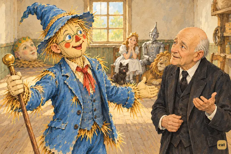 Oz promises the Scarecrow brains tomorrow, and the straw man flings his arms wide
