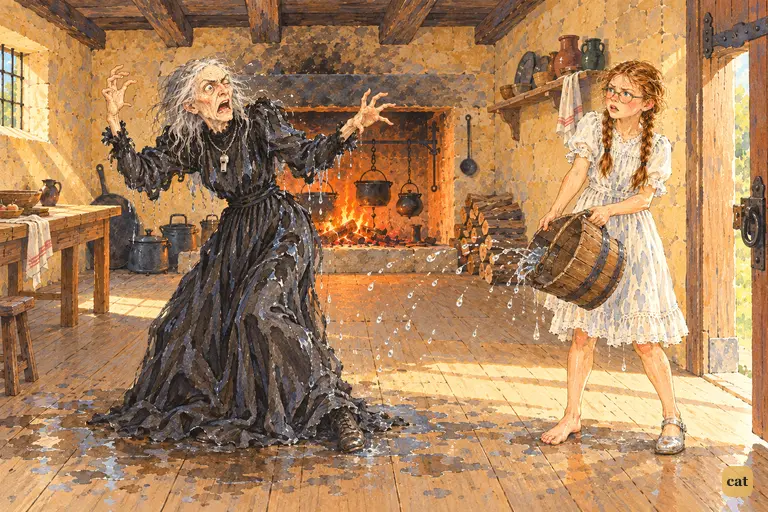 In the castle kitchen, the drenched old Witch screams as her black dress begins to collapse in folds, while the wide-eyed girl stands frozen with the empty bucket and splash drops hang in the air between them.